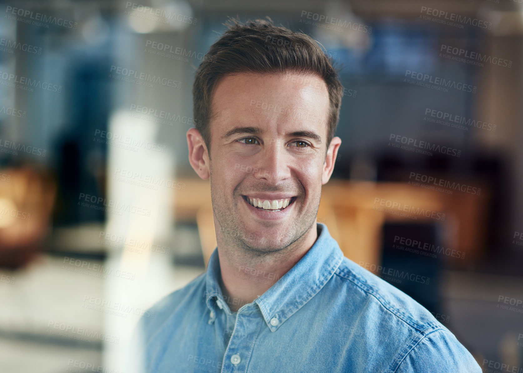 Buy stock photo Happy man, window and designer thinking of inspiration, ideas and future plan in office or startup company. Remember, reflection or proud entrepreneur in workplace for decision, opportunity or choice