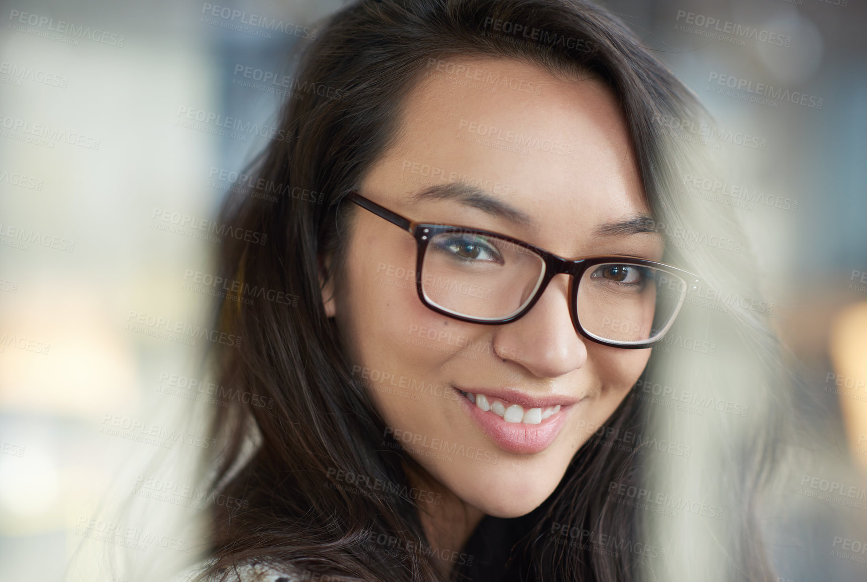 Buy stock photo Happy woman, portrait and glasses with creative ambition for business, design or positive mindset at office. Face of female person, nerd or geek with smile for talent, skill or profession in startup