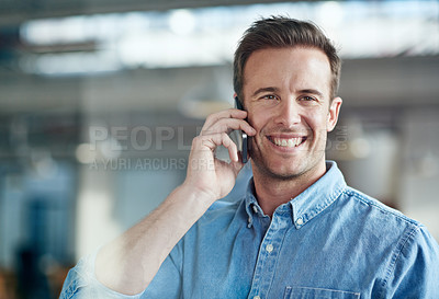 Buy stock photo Business, smile and man with phone call for networking, planning and contact at startup. Office, consultant or happy businessman with smartphone for schedule discussion, negotiation or communication