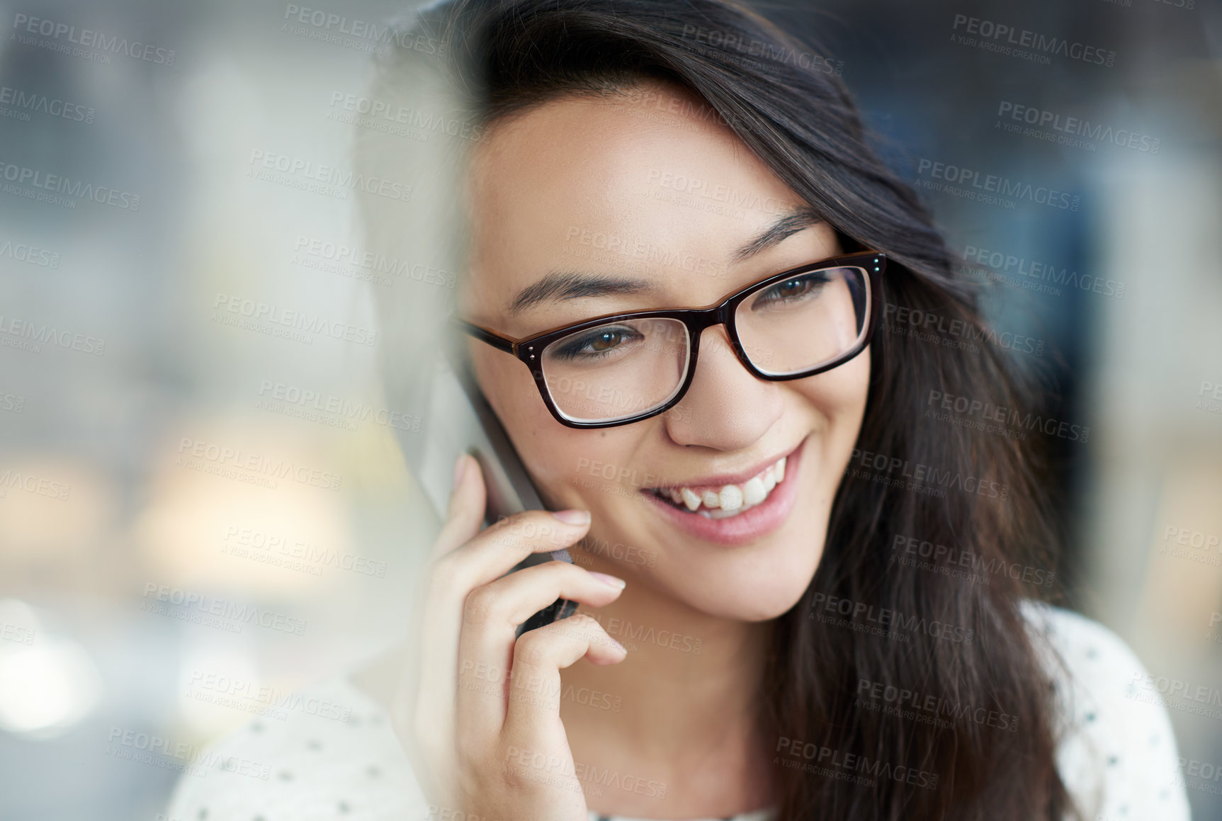 Buy stock photo Happy, phone call and Asian woman by window in office for communication, networking or contact. Smile, technology and female creative designer with cellphone for mobile discussion in workplace.