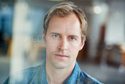 Buy stock photo Creative, businessman and portrait at window in office and confident employee or web developer. Professional, consultant or programmer in London workplace or person with project in development