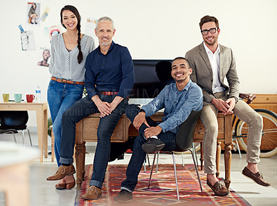 Buy stock photo Men, woman and creative portrait of team in office with smile, confidence or coworking at tech startup. About us, design and small business people with computer, web and solidarity at digital agency