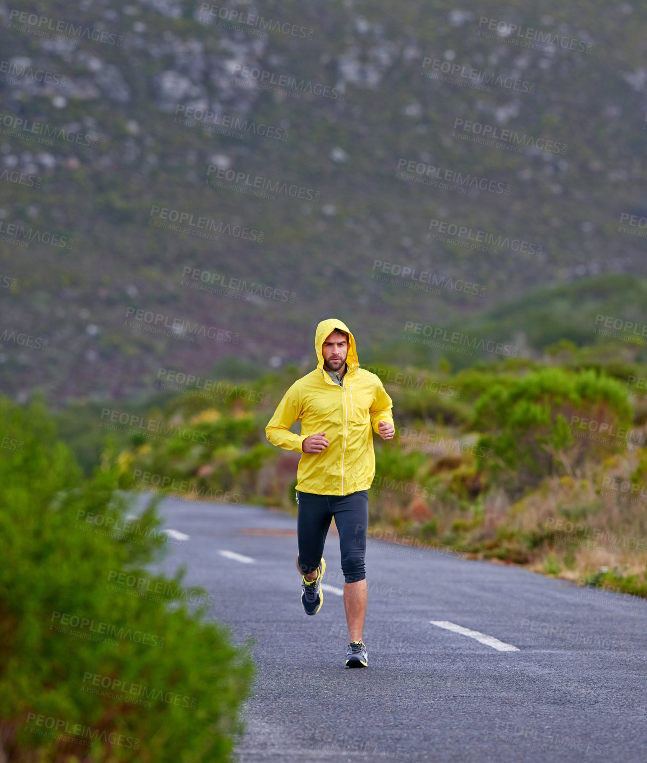 Buy stock photo Running, winter and man with fitness, exercise and endurance with progress and morning cardio. Wet, runner and athlete with fitness and training with wind and nature with challenge, cold and wellness