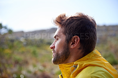 Buy stock photo Man, waterproof jacket and nature for outdoor recreation, activity or holiday. Male traveler or tourist and watch scenic view on adventure in cold environment for explore on vacation with mockup