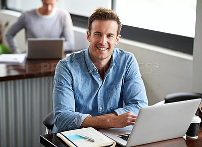 Buy stock photo Laptop, portrait and planning in office for businessman, strategy and research for project. Technology, computer and online search for information for male person, creative writer and journalist