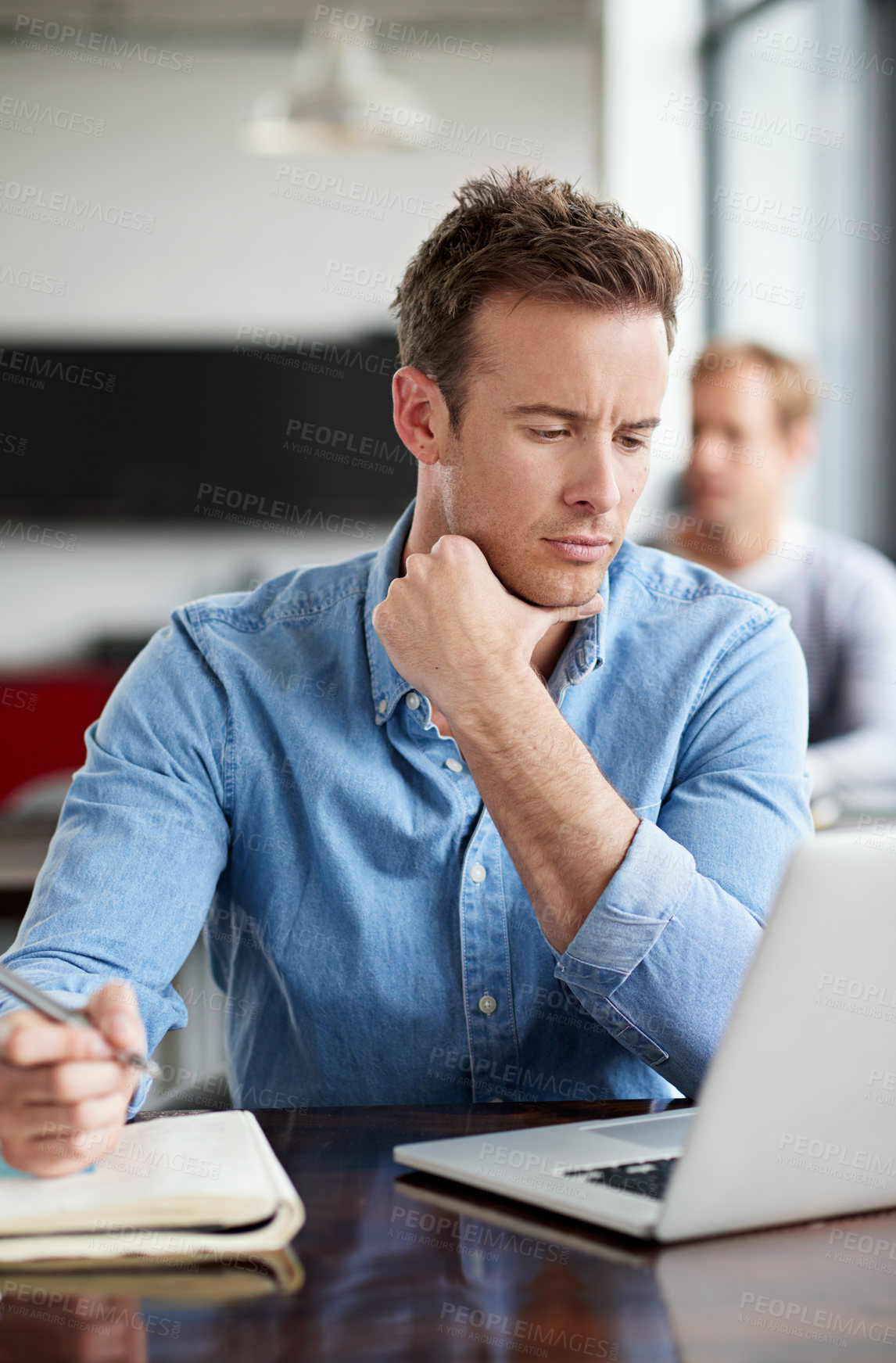 Buy stock photo Man, book and laptop in modern office with thinking for information, planning design proposal and connection. Male programmer, coding language and research on computer for software development ideas