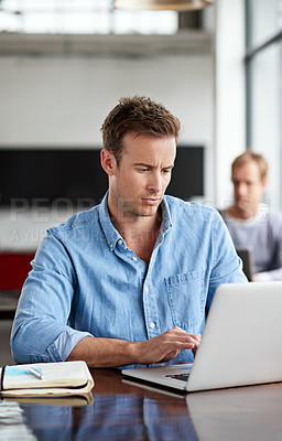Buy stock photo Businessman, laptop and typing for planning and research, information or online in office. Technology, notebook or internet search for journalist, male person or news reporter for blog and journalism