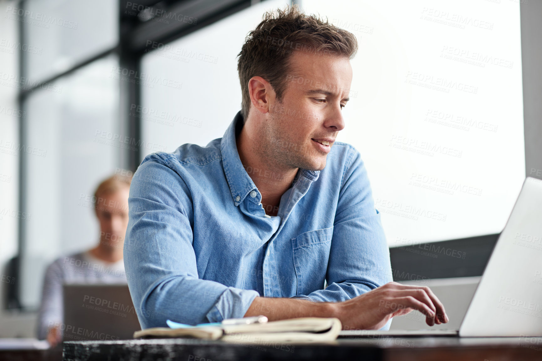 Buy stock photo Businessman, laptop and browsing with research for online startup, development or checking email at office. Creative man or employee working on computer for productivity or communication at workplace