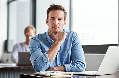Buy stock photo Serious, portrait and businessman with computer in office, solution and digital information. Software developer, male employee and laptop with thinking, web search and application inspection