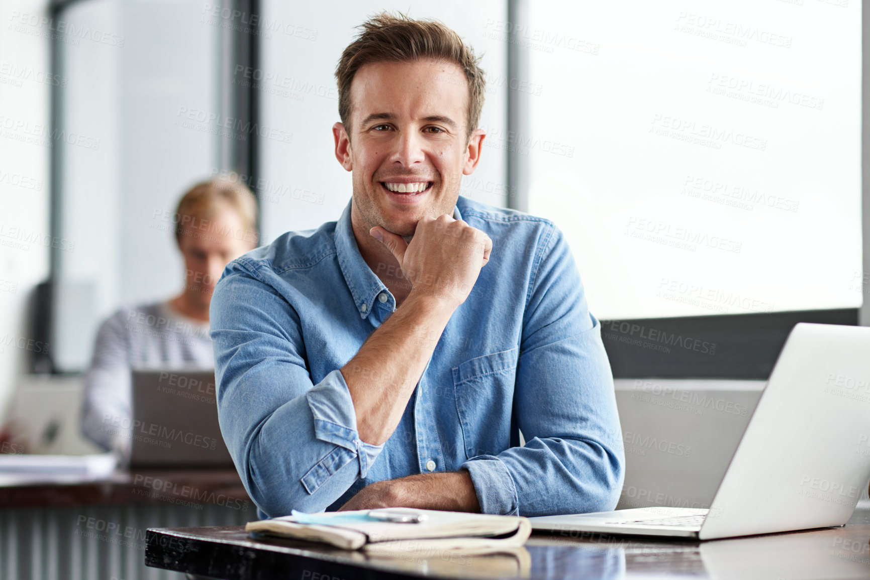 Buy stock photo Happy, portrait and businessman with computer in office, web solution and digital information. Software developer, male employee and laptop with thinking, web search and application inspection