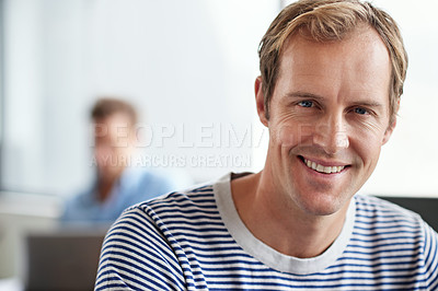 Buy stock photo Man, casual and work with smile in portrait for career, editor or copywriting with newspaper. Male journalist, agency and happiness for job with press or media, relax in San Francisco  at company