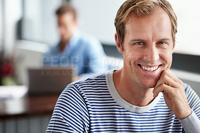 Buy stock photo Man, casual and job with happiness in portrait for career, editor or copywriting with newspaper. Male journalist, agency and smile for work with press or media, relax in San Francisco  at company