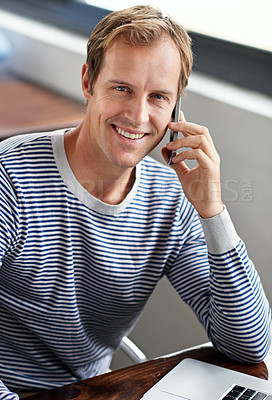 Buy stock photo Business man, portrait and phone call for planning, communication and networking for information technology. Face of worker, employee or entrepreneur talking on mobile for startup news and connection