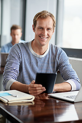 Buy stock photo Man, tablet and happy in office on portrait for career or job growth and opportunity as graphic designer. Proud, smile and confident in startup business with creativity in digital agency as employee