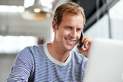 Buy stock photo Phone call, smile and businessman for conversation, laptop and planning or networking. Technology, cellphone and communication for male person, website and online for creative and web design worker