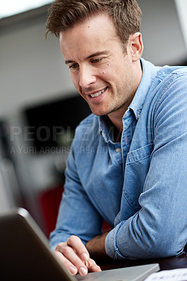 Buy stock photo Man, employee and happy in office with laptop on internet for research, ideas and project as website designer. Concentrate, confident and startup company or business for project in digital agency