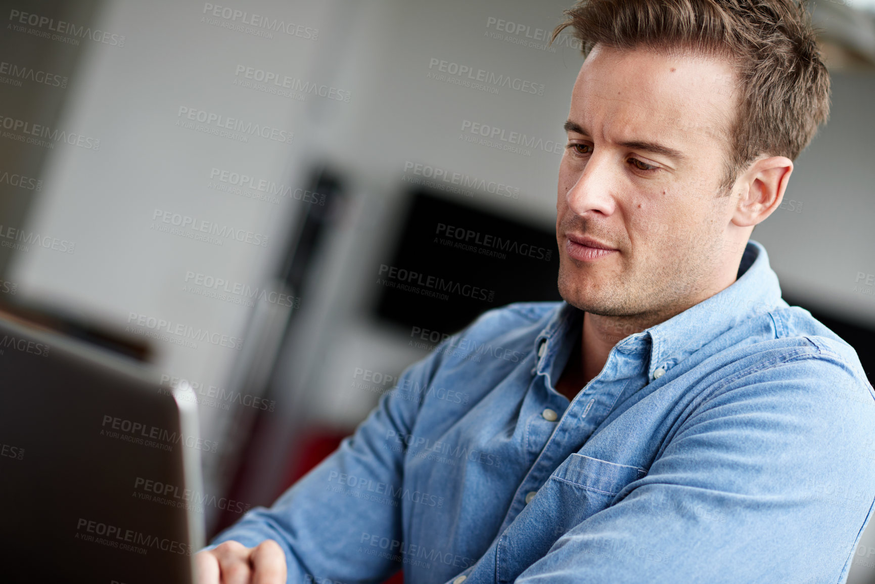 Buy stock photo Businessman, laptop and thinking in office for startup, project and research at desk. Web developer, designer and learning with technology for coding in workplace for cybersecurity and programming