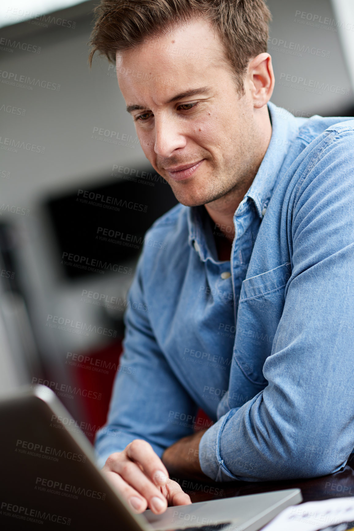 Buy stock photo Businessman, laptop and research in office for startup, project and programming at desk. Software developer, designer and learning with technology for coding in workplace for cybersecurity with pride