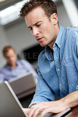 Buy stock photo Laptop, thinking and businessman in office for research, startup project and programming at desk. Web developer, designer and brainstorming with technology for coding in workplace with cybersecurity