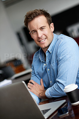 Buy stock photo Pride, portrait and businessman with computer in office, web solution and digital information. Software developer, male employee and laptop with smile, web search and application inspection.