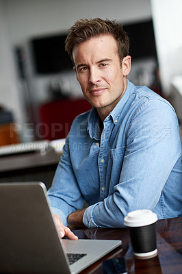 Buy stock photo Businessman, computer and portrait in office for startup project, research and programming at desk. Graphic designer, pride and technology for email, coding and cybersecurity in creative agency