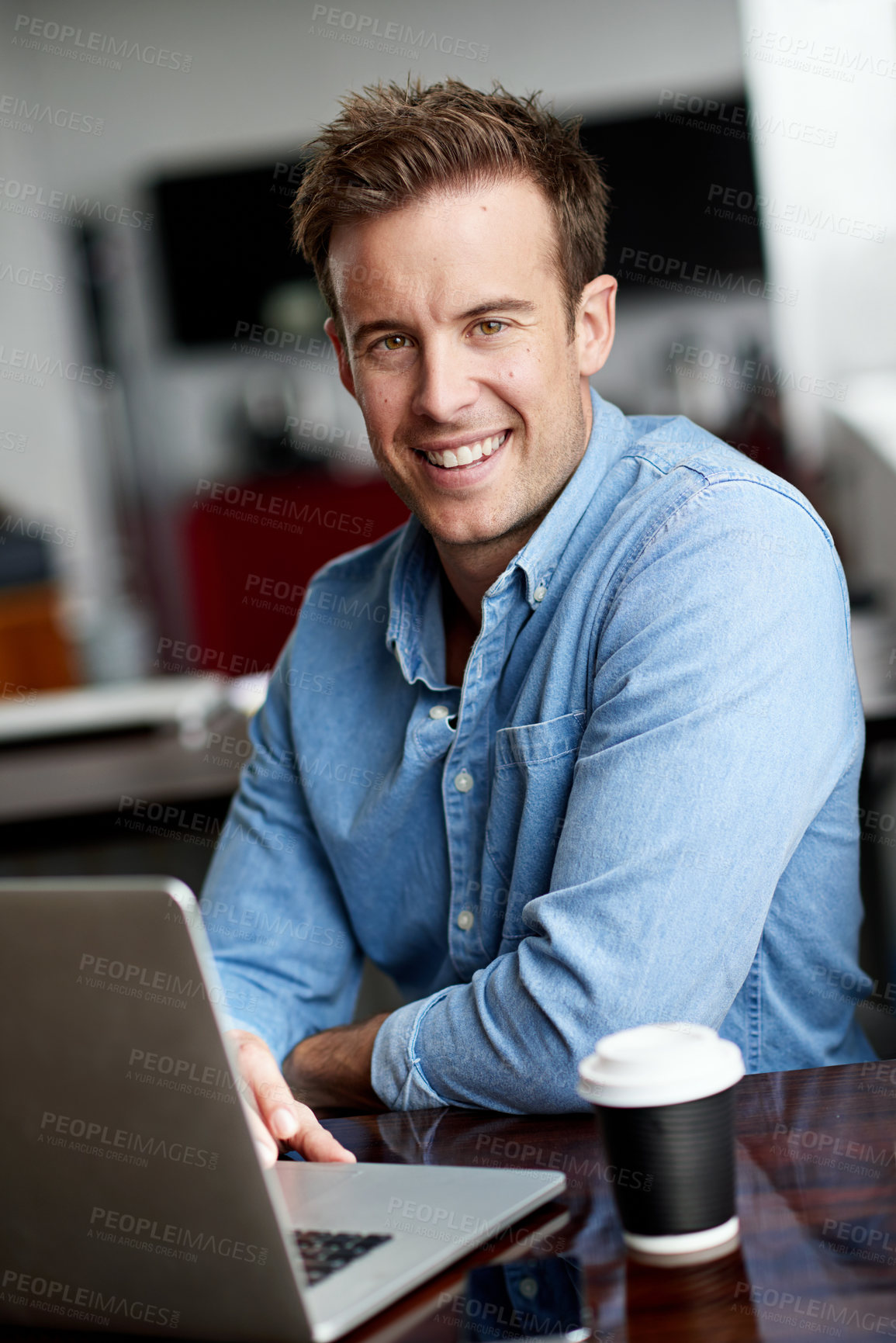 Buy stock photo Smile, portrait and business man with laptop in office, web solution and digital information. Software developer, male employee and computer for scroll email, web search and application inspection