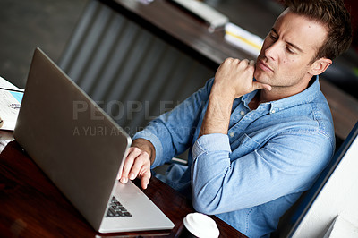 Buy stock photo Businessman, laptop and thinking with decision at cafe for choice, research or browsing at indoor restaurant. Young man or employee in wonder, thought or idea on computer for solution at coffee shop