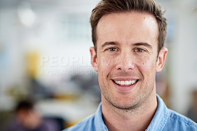 Buy stock photo Businessman, portrait and smile in office with confidence for startup, work and project. Copywriter, happy and creative in New York with ambition in workplace for job, business and company vision
