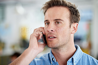 Buy stock photo Phone call, man and conversation for communication, connection and networking on smartphone. Male person, technology and talking while thinking for response, reply and private discussion on cell