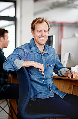 Buy stock photo Designer, man and relax in office for portrait with creative agency or project manager for planning. Businessman, professional and employee with startup business, proud and confident for assignment.