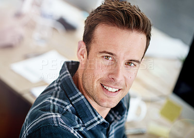 Buy stock photo Designer, man and smile in office for portrait with creative agency or project manager for planning. Businessman, professional and entrepreneur of startup business, proud and confident with pride.