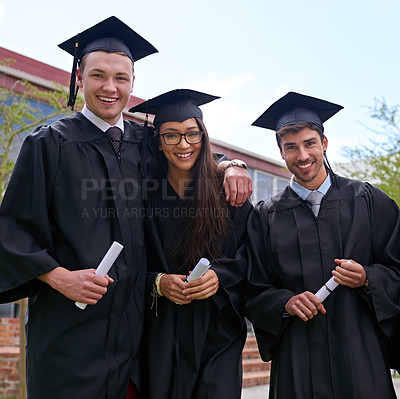 Buy stock photo Portrait, certificate and students with graduation, outdoor and achievement with success and celebration. Knowledge, group and people with robe and degree with friends on campus, study and education