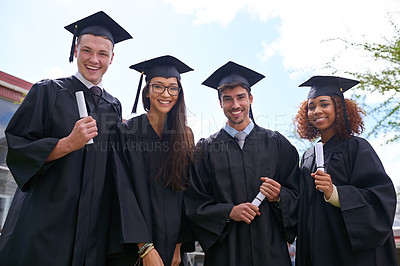 Buy stock photo Portrait, achievement and students with graduation, outdoor and celebration with education and certificate. Knowledge, group and people with robe and degree with friends on campus, smile and success