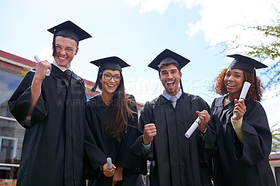 Buy stock photo Shot of excited university students on graduation day