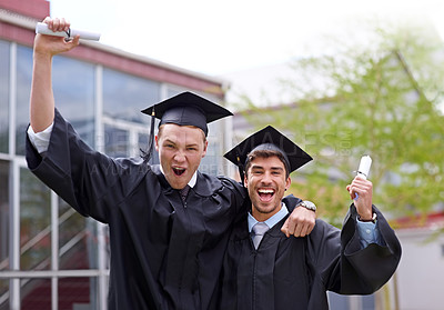 Buy stock photo Friends, celebrate and success at university for graduation, students and happy at event with certificate. Diversity, men and diploma for achievement, happiness and portrait on campus with pride.