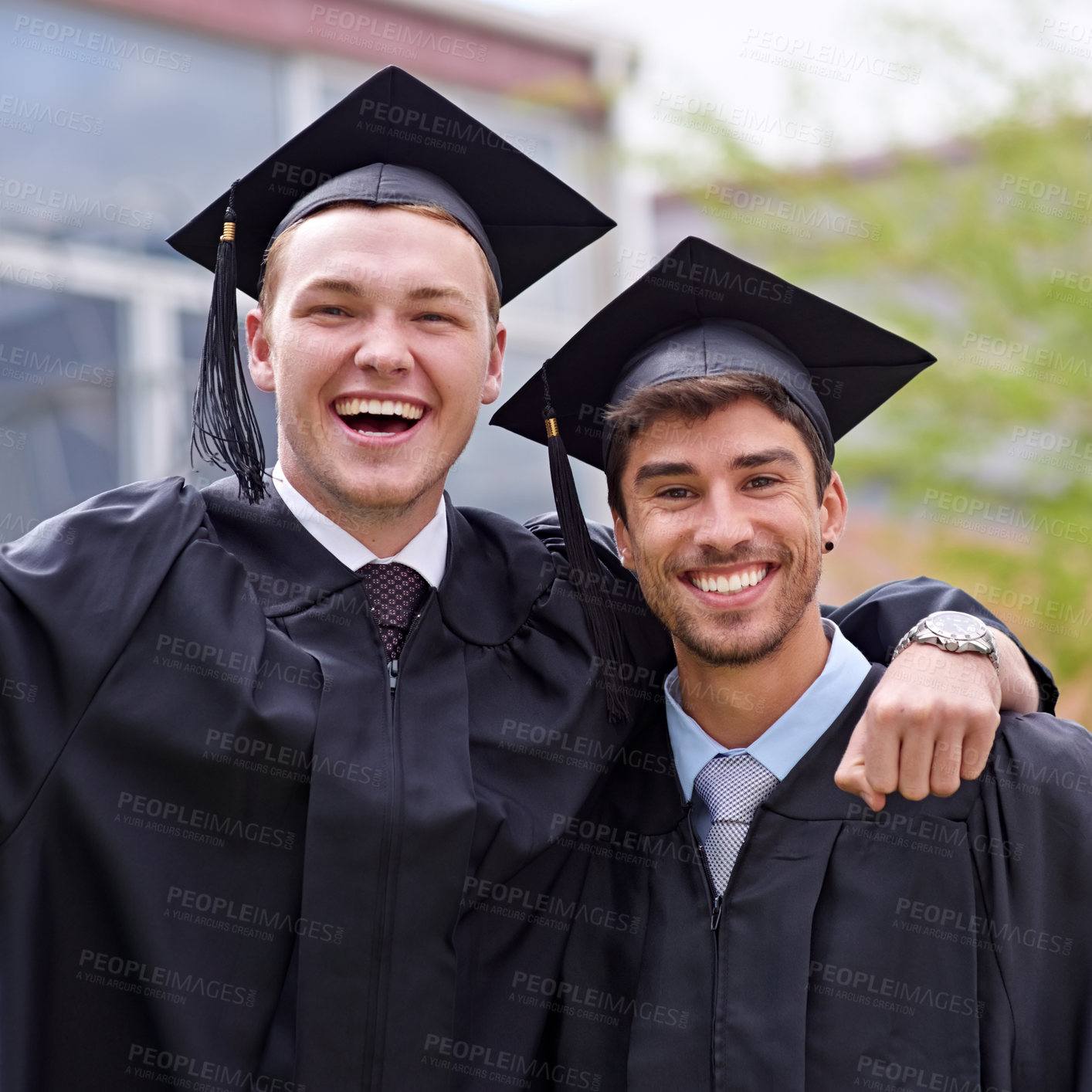 Buy stock photo Men, friends and happy for university graduation on campus with celebration, success and completion for qualification. Portrait, college and classmate with smile or confident with hug and joy