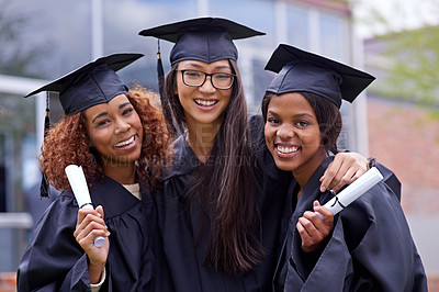 Buy stock photo Portrait, university and girl students at graduation excited for future with pride, happiness and confidence. Smile, education and women friends with college degree, diploma or certificate on campus.