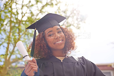 Buy stock photo Student, graduate and portrait of woman with diploma for qualification, education and degree on graduation day. Female person, university youth and certificate for achievement, success or scholarship