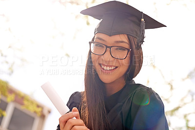 Buy stock photo Portrait, woman and happy for university graduation on campus with celebration, success and completion for qualification. Female person, college and smile for certificate with confidence and joy