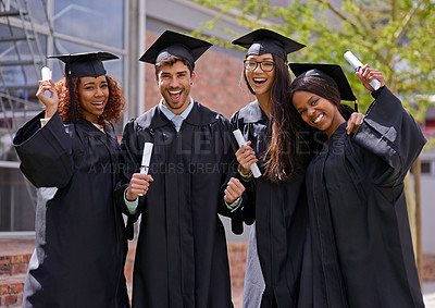 Buy stock photo Portrait, excited and students with graduation, outdoor and achievement with success, degree and certificate. Knowledge, group and people with robe and education with friends on campus or celebration