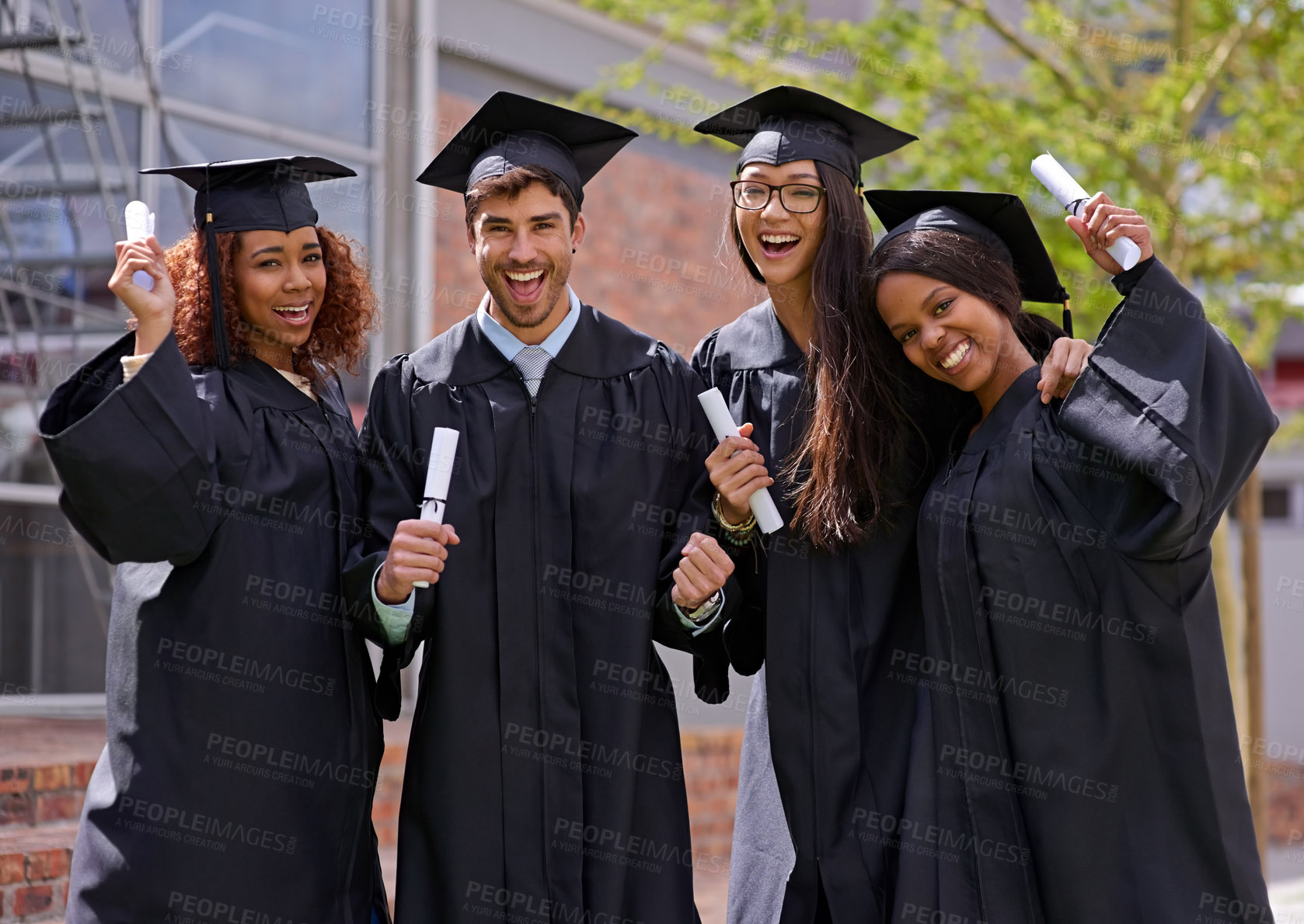Buy stock photo Portrait, excited and students with graduation, outdoor and achievement with success, degree and certificate. Knowledge, group and people with robe and education with friends on campus or celebration