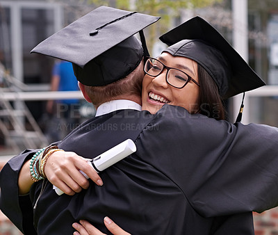 Buy stock photo Success, graduate and hug with diploma for education, qualification or degree on graduation day. People, university youth and certificate for achievement, celebration or scholarship on college campus