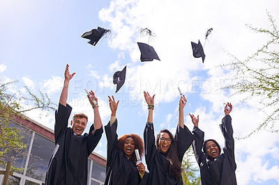 Buy stock photo Achievement, success and graduation cap of students in celebration for qualification, education and degree on campus. Winner, university youth and portrait with certificate for academic event