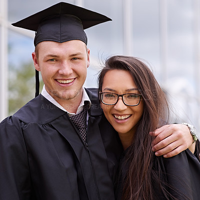 Buy stock photo Portrait, couple and happy for university graduation on campus with celebration, success and completion for qualification. Relationship, college and classmate with smile or confident with hug and joy