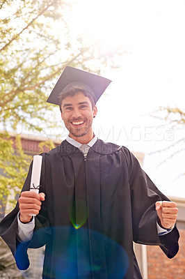 Buy stock photo Success, graduate and portrait of man with diploma for qualification, education and degree on graduation day. Winner, university youth and certificate for achievement, celebration and scholarship
