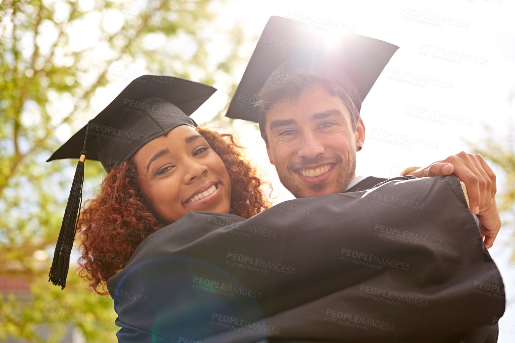 Buy stock photo Couple of friends, university and smile for graduation on campus with celebration, success and completion for qualification. Portrait, college and happy as classmates with confidence, hug and joy