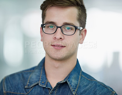 Buy stock photo Business, confident and portrait of man in workplace for about us, serious or career goals. Startup, entrepreneur and male employee with design agency for development, professional or company growth