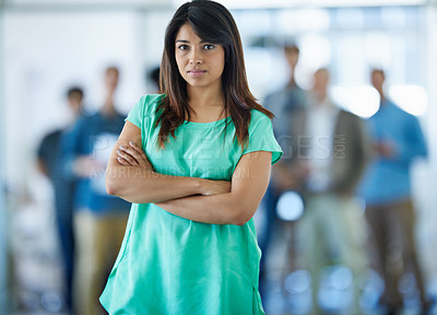 Buy stock photo Crossed arms, happy and portrait of woman in office with leadership, positive and confident attitude. Smile, professional and web developer with team of employees for collaboration in workplace.