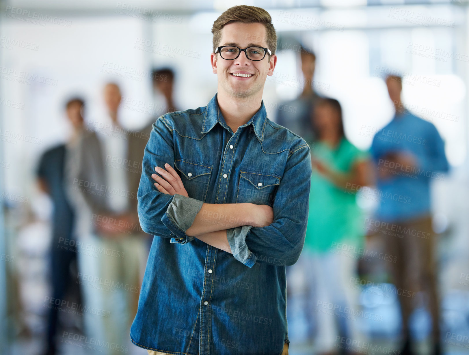 Buy stock photo Office, portrait and business man with arms crossed for career, startup project and pride. Professional, male content writer or journalist with confidence for creativity, editing and positive smile