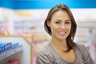 Buy stock photo Portrait, customer and woman in store, pharmacy and shopping with discount deal, purchase and buying. Face, person and client with medicare sale, product and retail with service, item and supplements